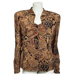 Dana Buchman Women’s Vintage Brown Paisley Silk Button Front Blazer Top Size 10